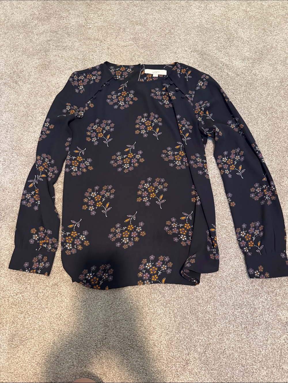 LOFT Navy Floral Tie-Neck Long Sleeve Top